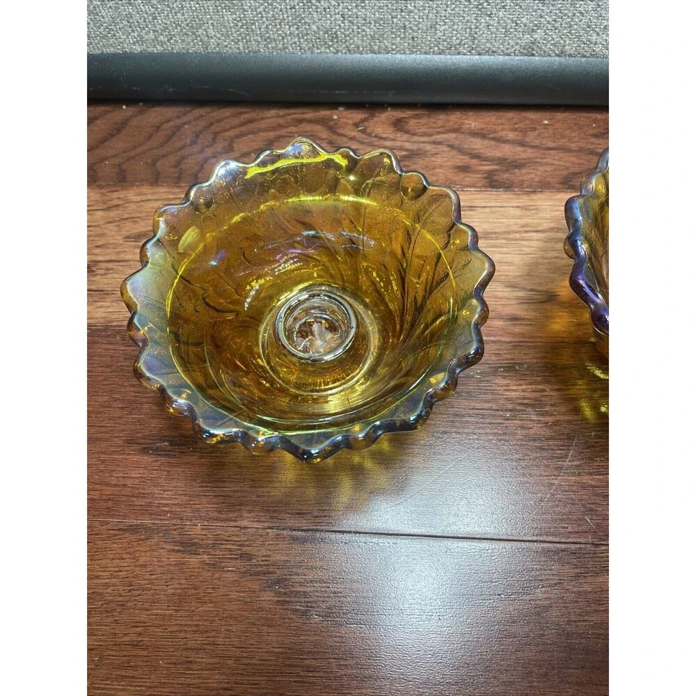 Amber Carnival Glass Taper Candle Holder Bowl 2.5 X 4.5 Vintage Glass Set